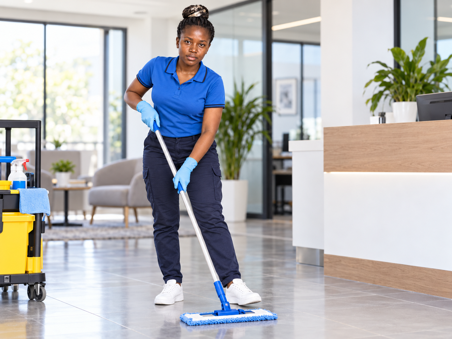 Professional cleaner working in an office reception